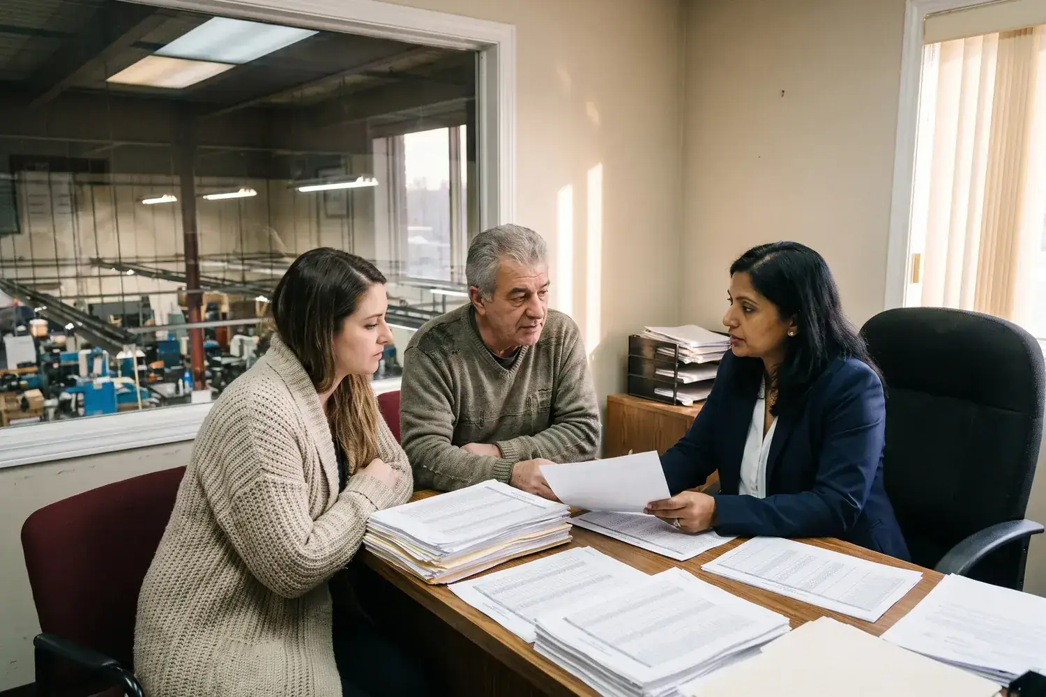 Two family-business owners and an executive go through papers at a desk in an office above their factory